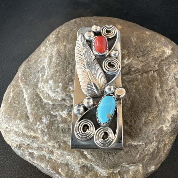 Men's Women Blue Turquoise Coral Navajo Stainless Stamped Silver Money Clip | Authentic Native American Handmade | 19735