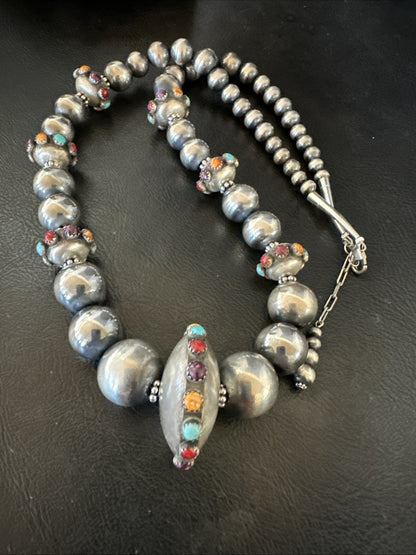 Multicolor Spiny Navajo Pearls Turquoise Sterling Silver Necklace 23” 19448