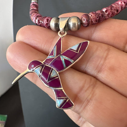 HummingBird Purple Spiny Sugilite Pendant Navajo Sterling Silver Necklace 19607
