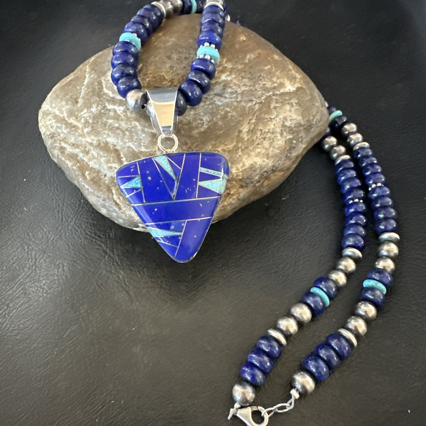 Lapis Opal Inlay Pendant Navajo Pearls Turquoise Sterling Silver Necklace 19182