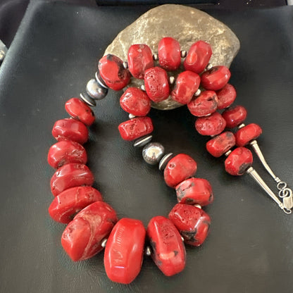 Chunky Navajo Red Bamboo Coral Sterling Silver Bead Necklace 24” Graduated 19530