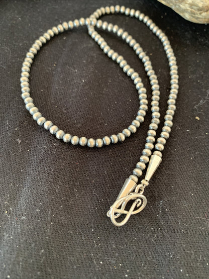Native American 4mm Sterling Silver Beads Navajo 18" Hook & Eye Cone Necklace