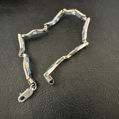 Native Womens Blue Opal Lapis Inlay Link Bracelet 7" Sterling Silver 17726