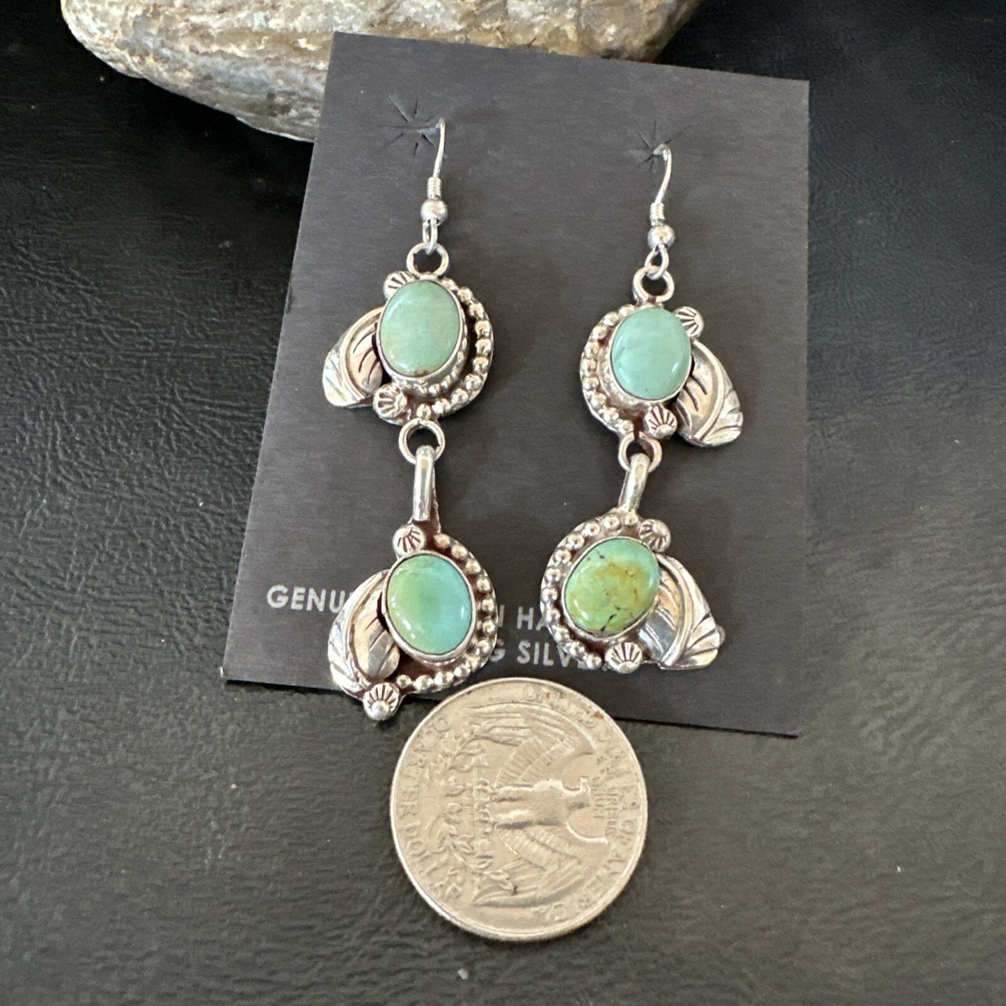 Navajo Green Royston Turquoise Sterling Silver Dangle Earrings 18804