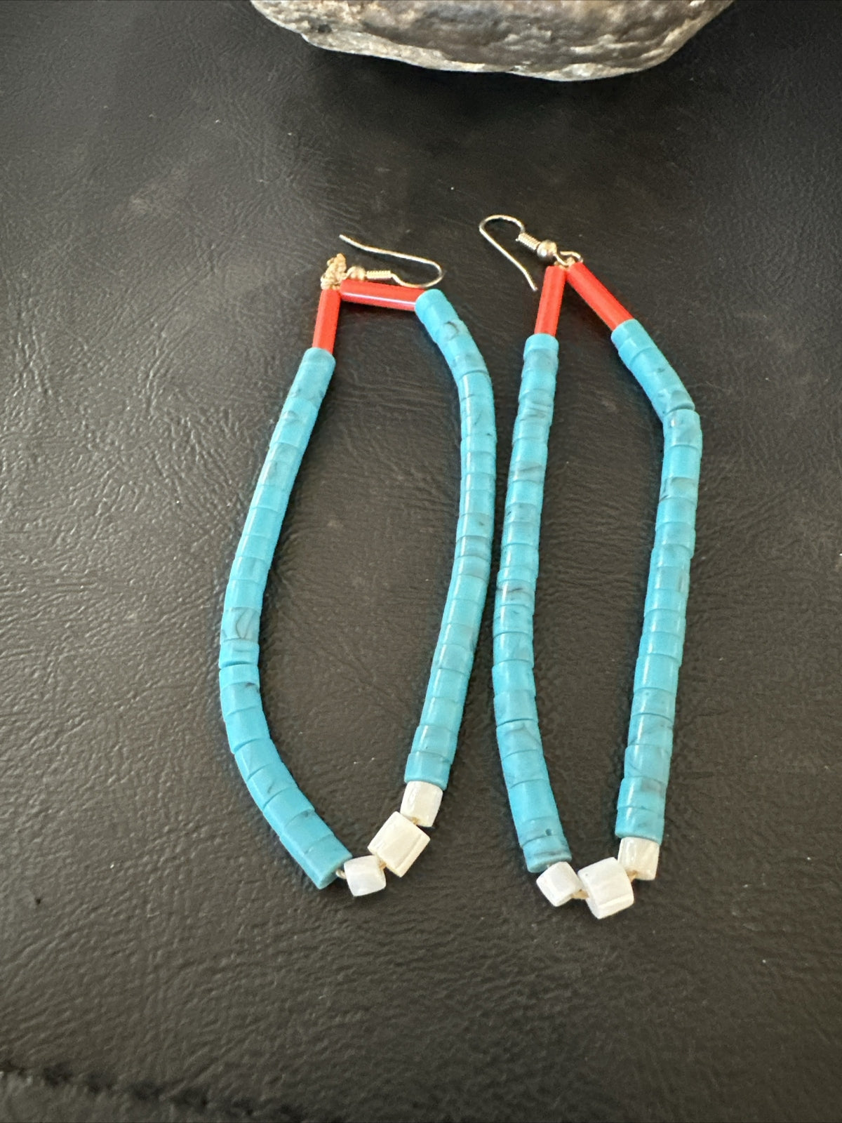 Blue Turquoise Coral Santo Domingo Sterling Silver Long Dangle Earrings 3" 17848