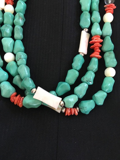 Turquoise, Mother Of Pearl, Spiny 3 Strands Navajo Sterling Silve Necklace 03262