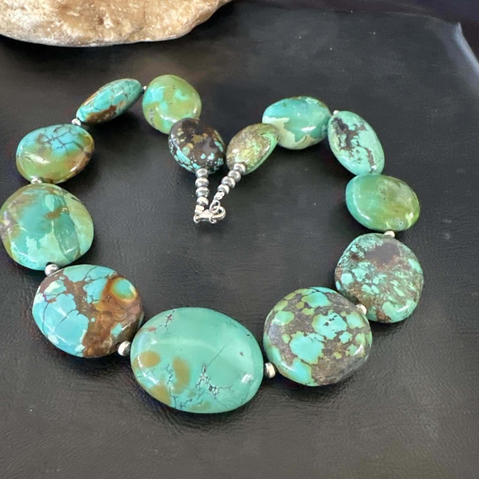 Blue Green Turquoise Nugget Chunky Navajo Sterling Silver Necklace 20” 19250
