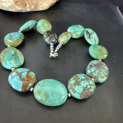 Blue Green Turquoise Nugget Chunky Navajo Sterling Silver Necklace 20” 19250