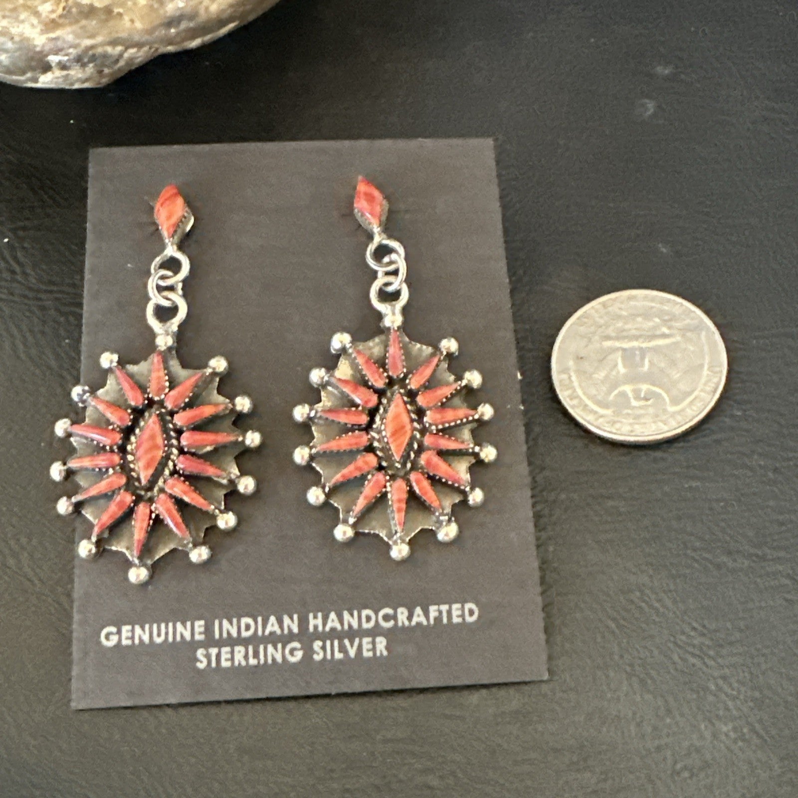 Red Coral Needlepoint Zuni Sterling Silver Dangle Earrings 19100