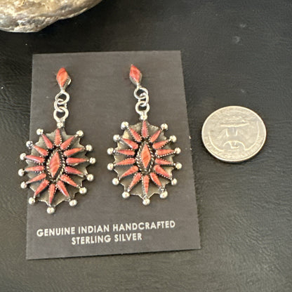 Red Coral Needlepoint Zuni Sterling Silver Dangle Earrings 19100
