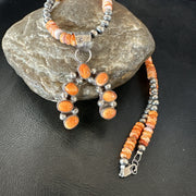 Navajo Pearls Necklace Orange Spiny Oyster Cluster Naja Pendant | Sterling Silver | Authentic Native American Handmade | 19552