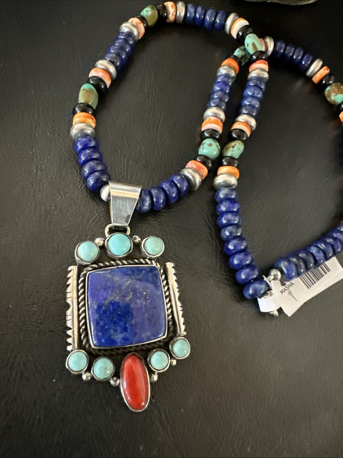 Multicolor Lapis Turquoise Pendant Navajo Sterling Silver Necklace 22” 19468
