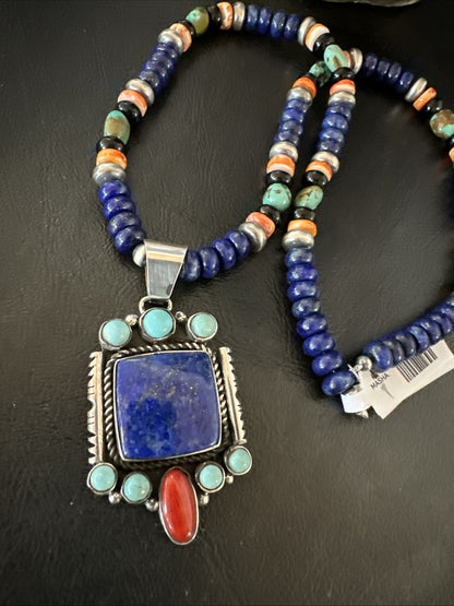 Multicolor Lapis Turquoise Pendant Navajo Sterling Silver Necklace 22” 19468