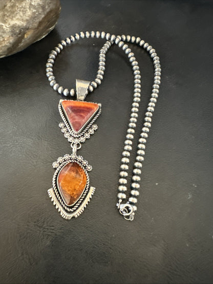 Multicolor Turquoise Spiny Navajo Sterling Silver Cluster Pendant Necklace 19684