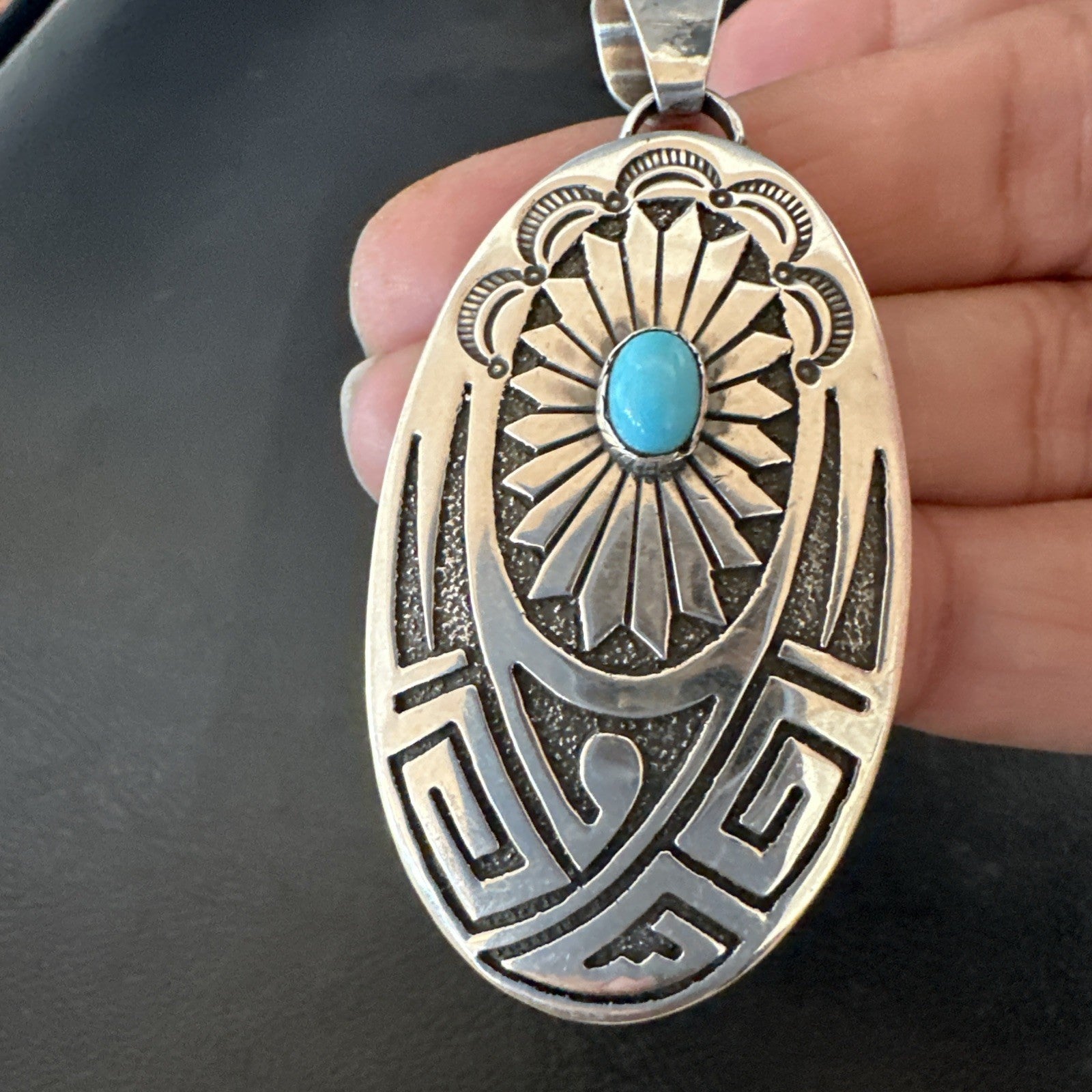 Hopi Native American Turquoise Pendant  Stamped Sterling Silver 2.5” 19686