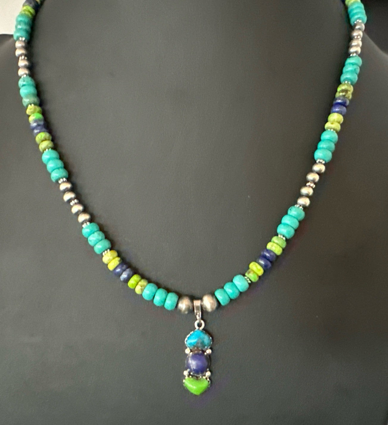 Blue Lapis Green Turquoise Cluster Pendant Navajo Sterling Silver Necklace 19659