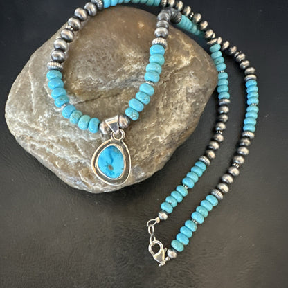 WoMens Blue Kingman Turquoise Pendant Navajo Sterling Silver Necklace 21" 18417
