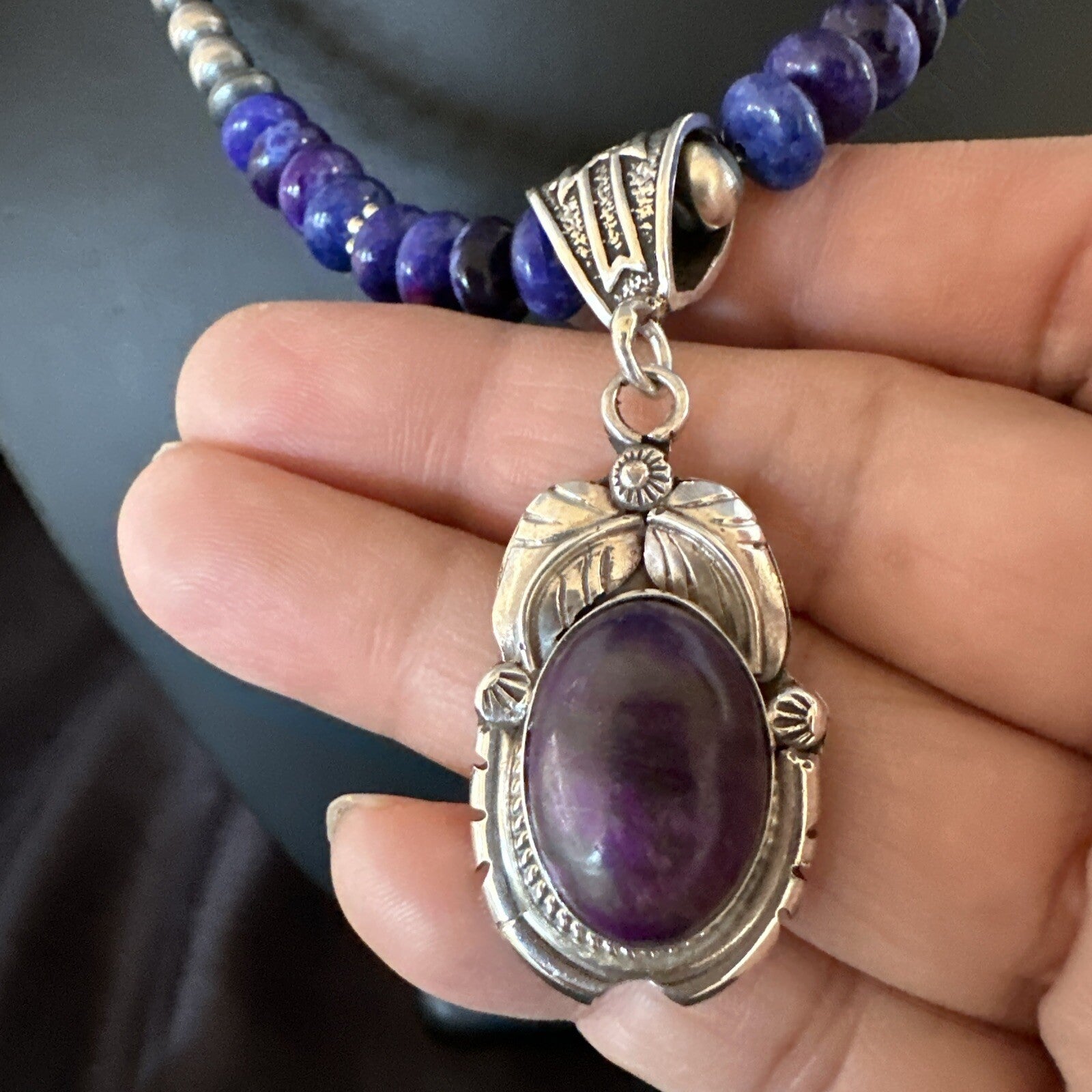 Purple Stone Pendant Navajo Pearls Sterling Silver Necklace 21” 18034