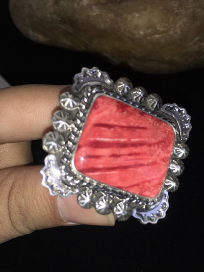 Navajo Sterling Silver Red Spiny Oyster Ring Size 8.5 01811