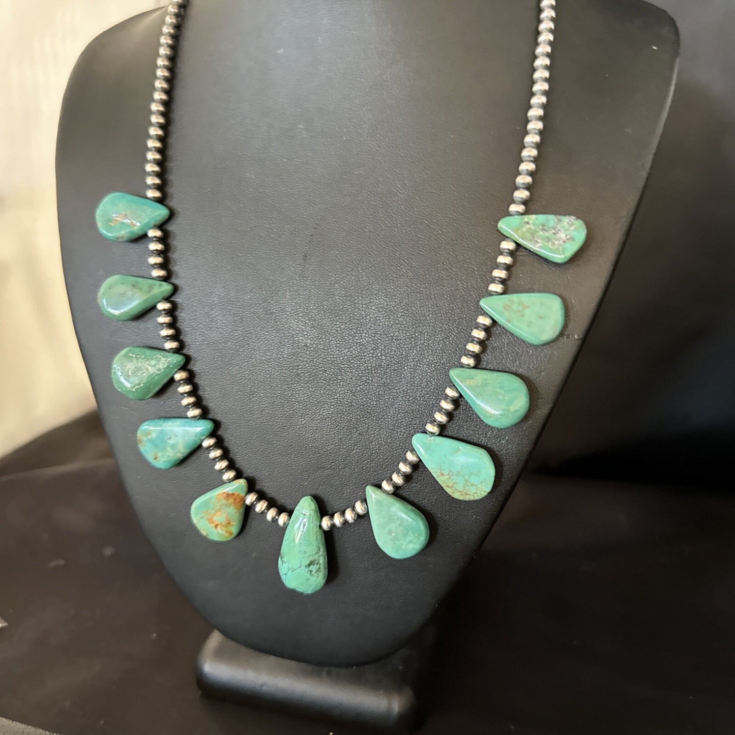 Blue Turquoise Teardrop Navajo Pearls Sterling Silver Necklace 14387