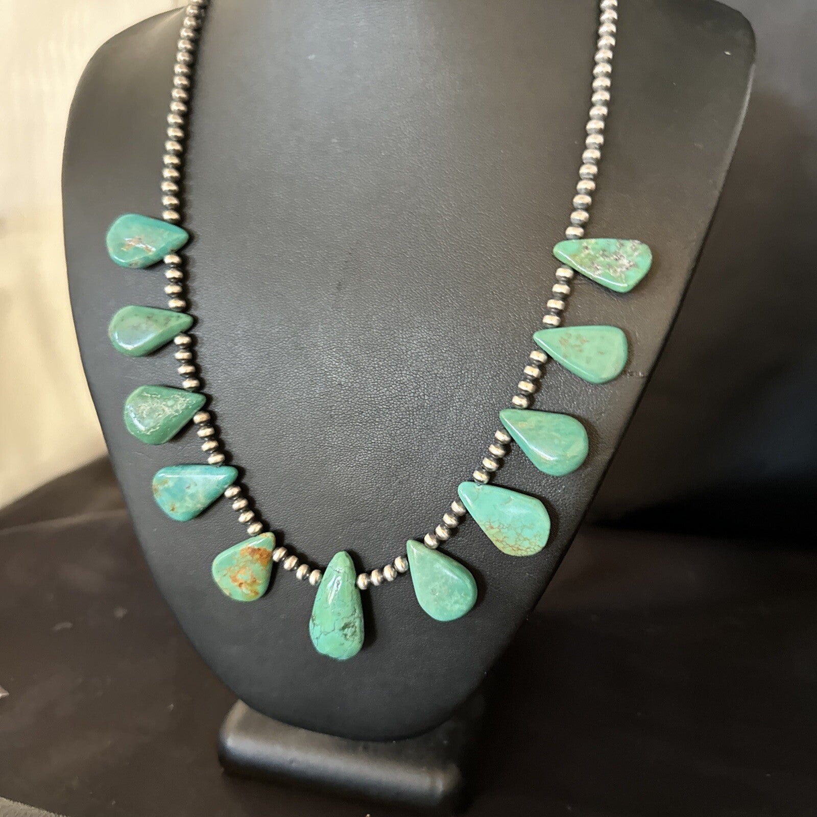 Blue Turquoise Teardrop Navajo Pearls Sterling Silver Necklace 14387