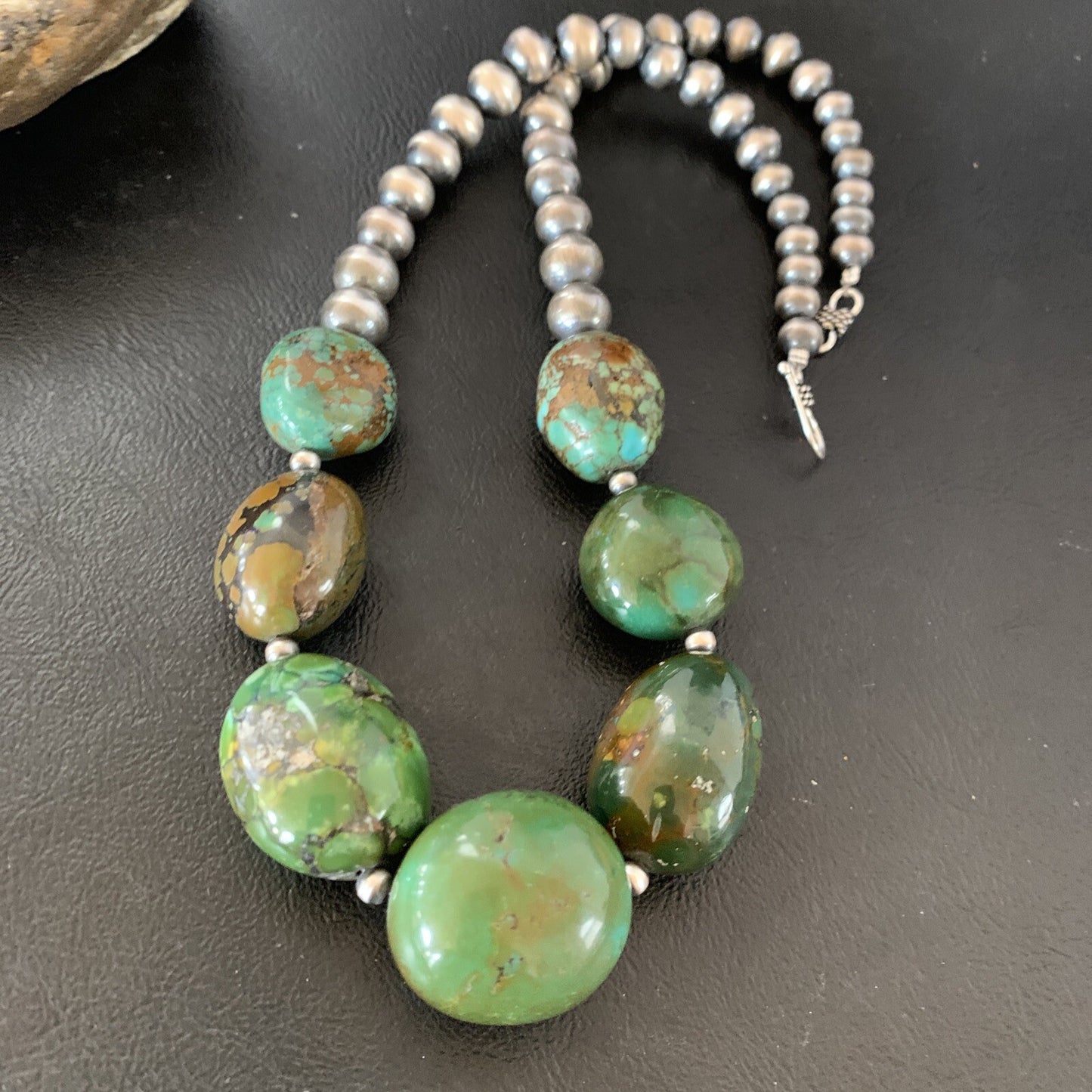 Chunky Navajo Spider Web Green Turquoise Sterling Silver Necklace 20" 11762