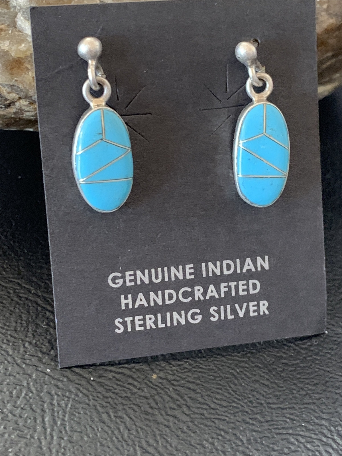 Navajo Blue Turquoise Sterling Silver Dangle Post Inlay Earrings 0.7" 12719