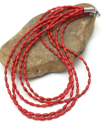 Red Bamboo Coral 5 Strand Navajo Pearls Sterling Silver Necklace 22" 04165