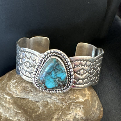 Navajo Blue TURQUOISE Stamped Sterling Silver Cuff Bracelet 8.3" 18716