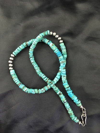 Blue Turquoise 7mm Heishi Bead Navajo Sterling Silver Necklace 1498