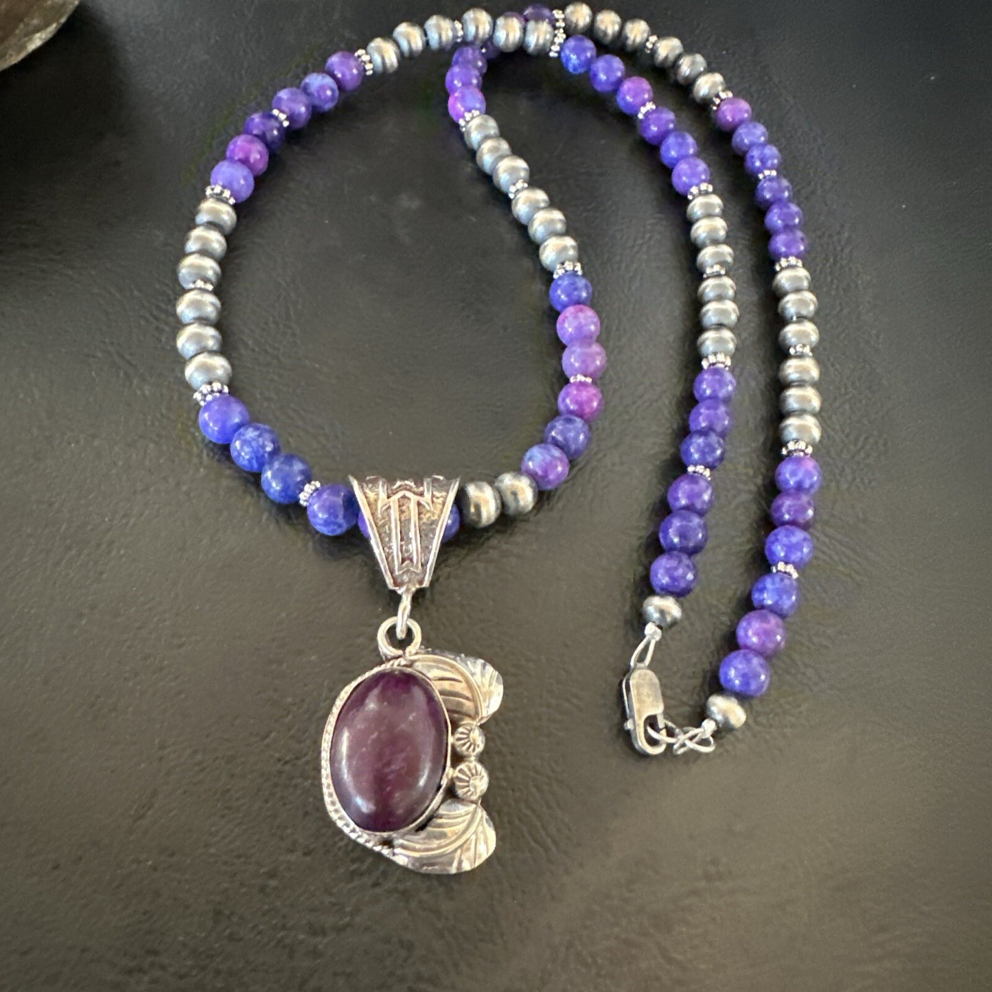 Purple Stone Pendant Navajo Pearls Sterling Silver Necklace 18389
