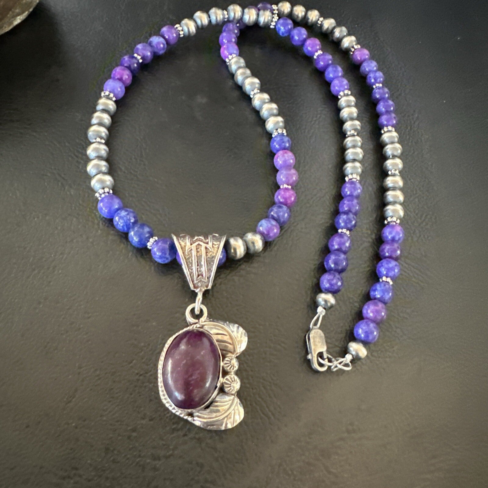 Purple Stone Pendant Navajo Pearls Sterling Silver Necklace 18389