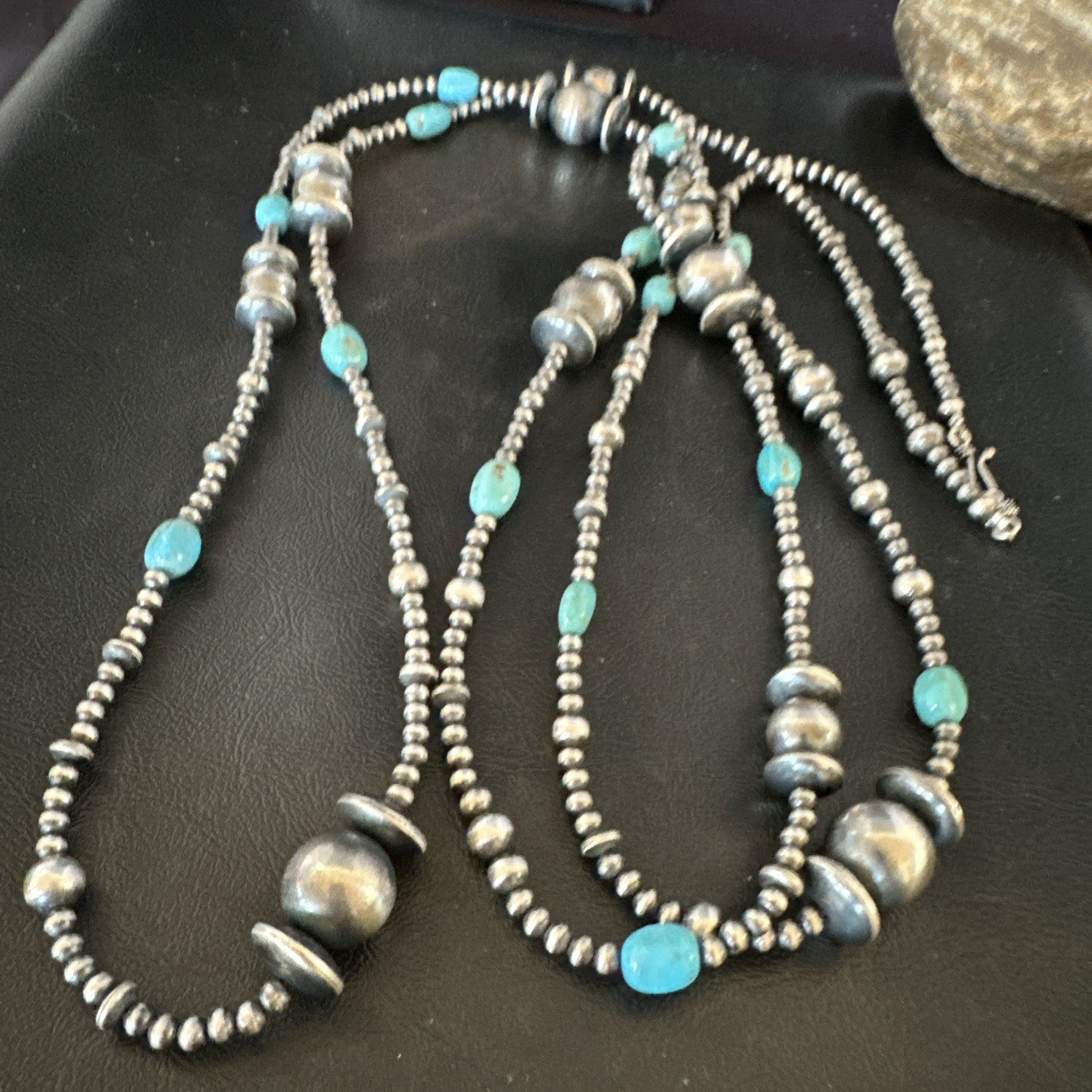 Native Navajo Sterling Silver Beads Blue Turquoise 72 in Necklace 19117