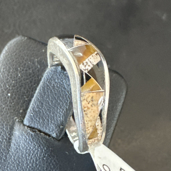 Navajo Black Onyx Tiger's Eye Inlay Ring Size 7 | Sterling Silver | Authentic Native American Handmade | 18699