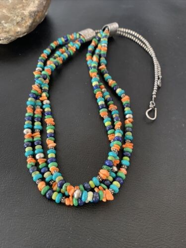 Multi-Color Green Turquoise Spiny Lapis Necklace Sterling Silver 01959
