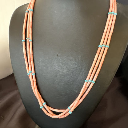 Native American Turquoise Pink Coral Sterling Silver 3 Strand Necklace 21" 17816