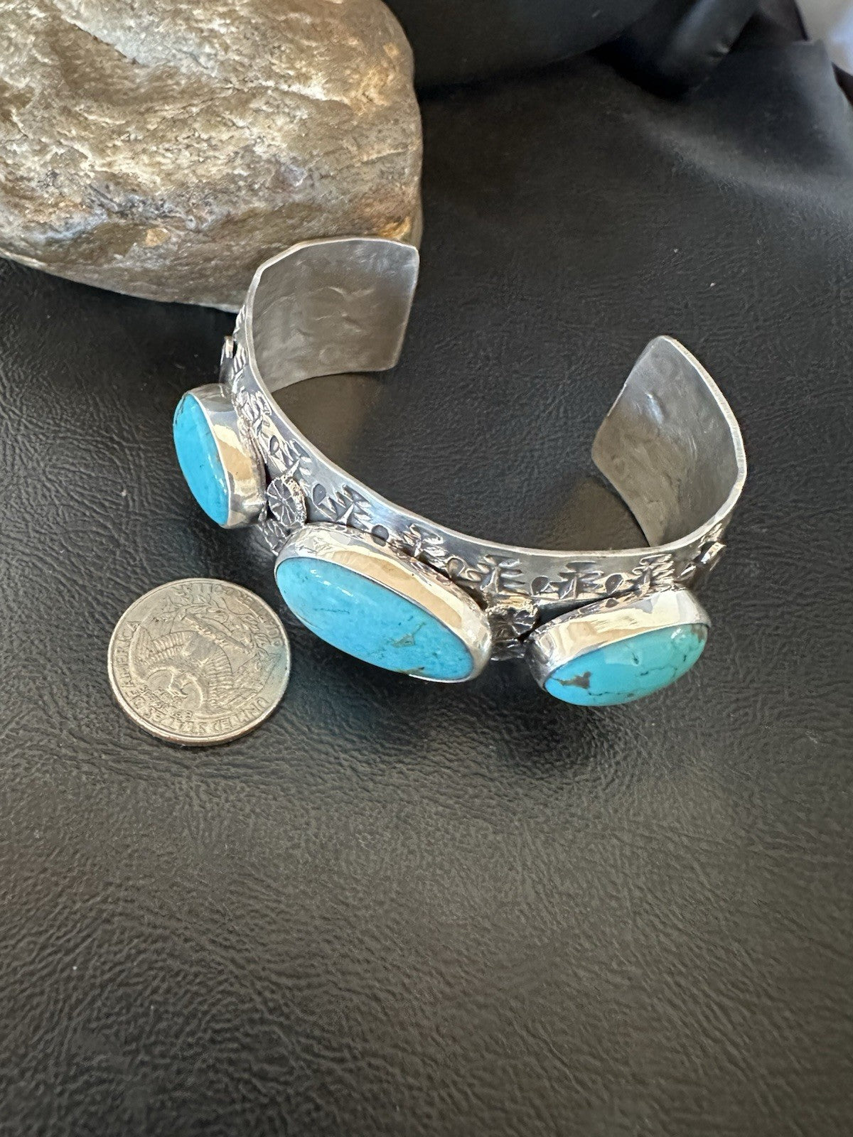 Mens Blue Kingman Turquoise Navajo Sterling Silver Cuff Bracelet 7.5" 19430