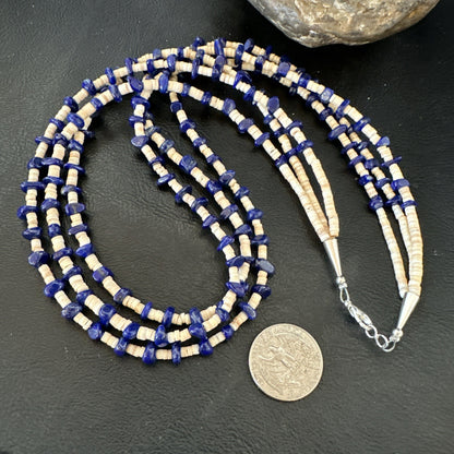 Blue Lapis Lazuli Tan Shell 3 Strand Navajo Sterling Silver Necklace 21” 19703