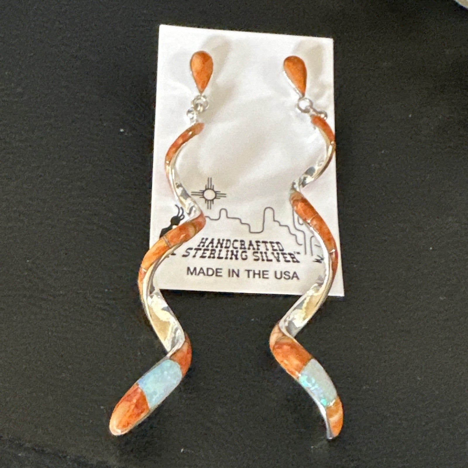 Orange Spiny Oyster Opal Sterling Silver Swirl Dangle Earrings 3" 19134