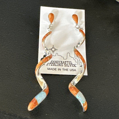 Orange Spiny Oyster Opal Sterling Silver Swirl Dangle Earrings 3" 19134