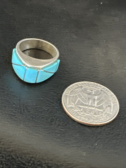 Blue Turquoise Native Navajo Sterling Silver Inlay Band Ring Size 7 18814