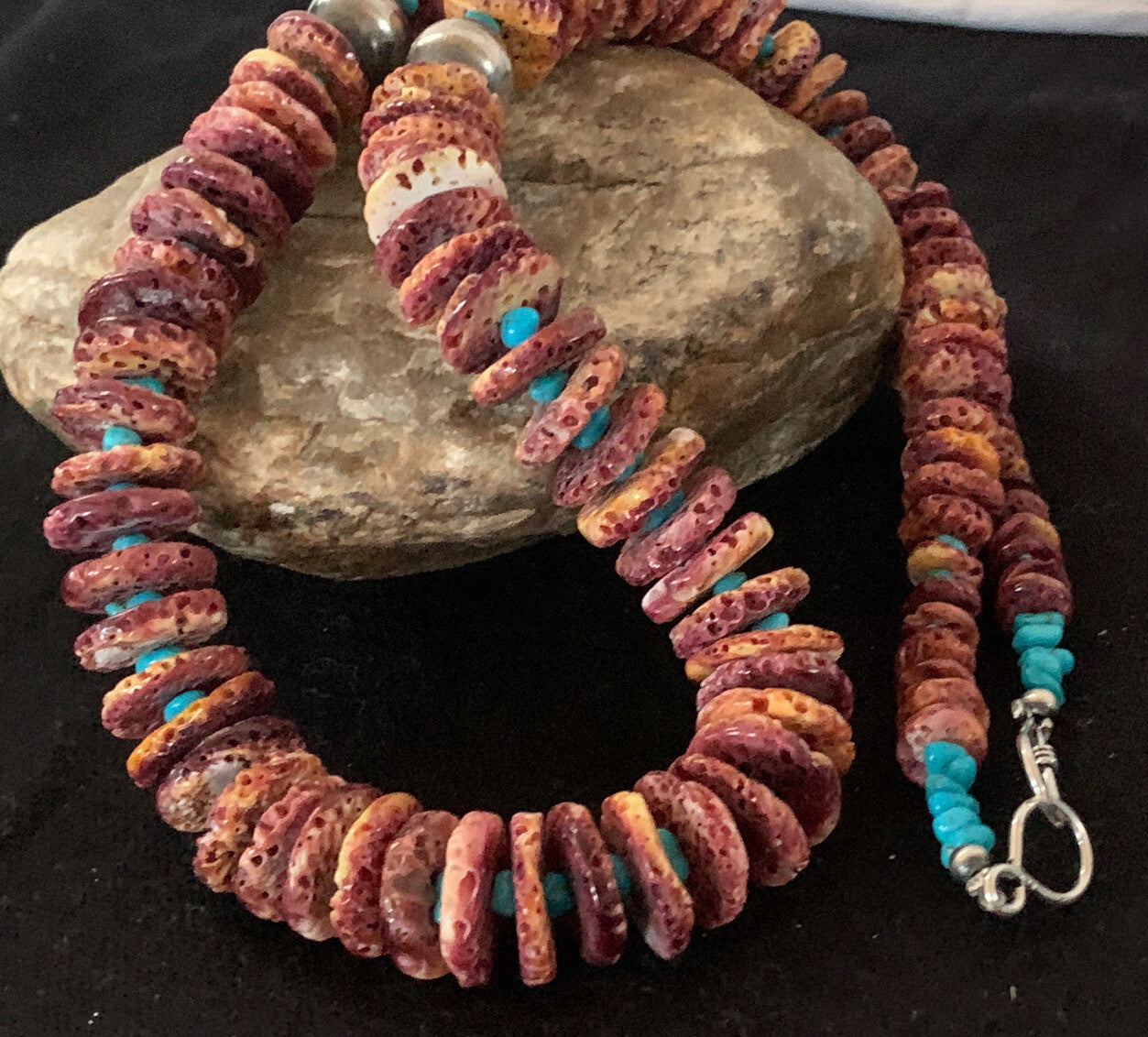 Purple Spiny Oyster & Turquoise Navajo Sterling Silver Necklace 00119
