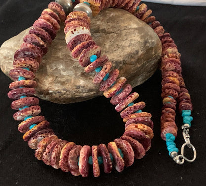 Purple Spiny Oyster & Turquoise Navajo Sterling Silver Necklace 00119
