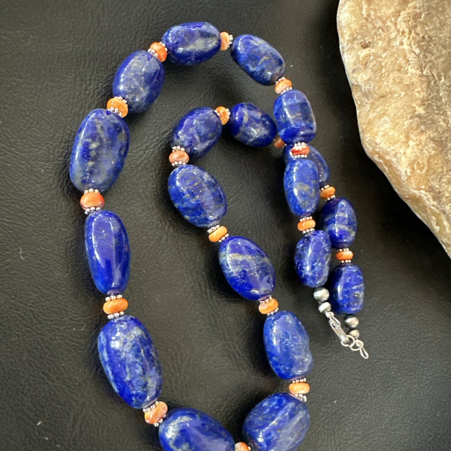 Blue Lapis Orange Spiny Chunky Southwestern Sterling Silver Necklace 20” 19258