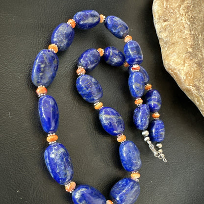 Blue Lapis Orange Spiny Chunky Southwestern Sterling Silver Necklace 20” 19258