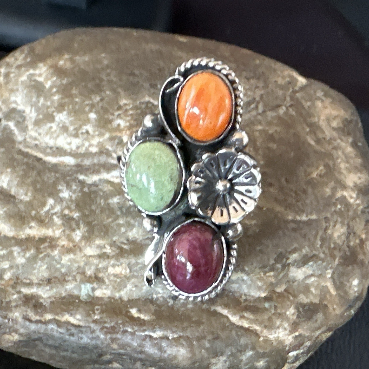 Multicolor Ring Turquoise Spiny Navajo Sterling Silver Cluster Size 8 19169