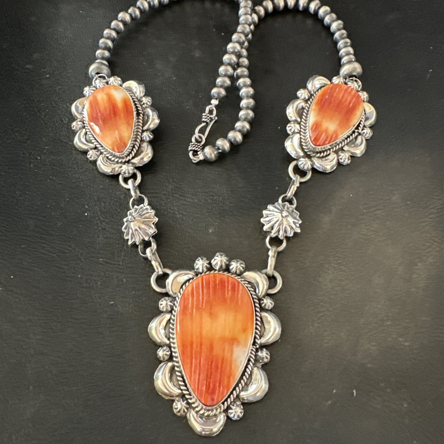 Orange Spiny Oyster Pendant Navajo Sterling Silver Lariat Necklace 21" 18627