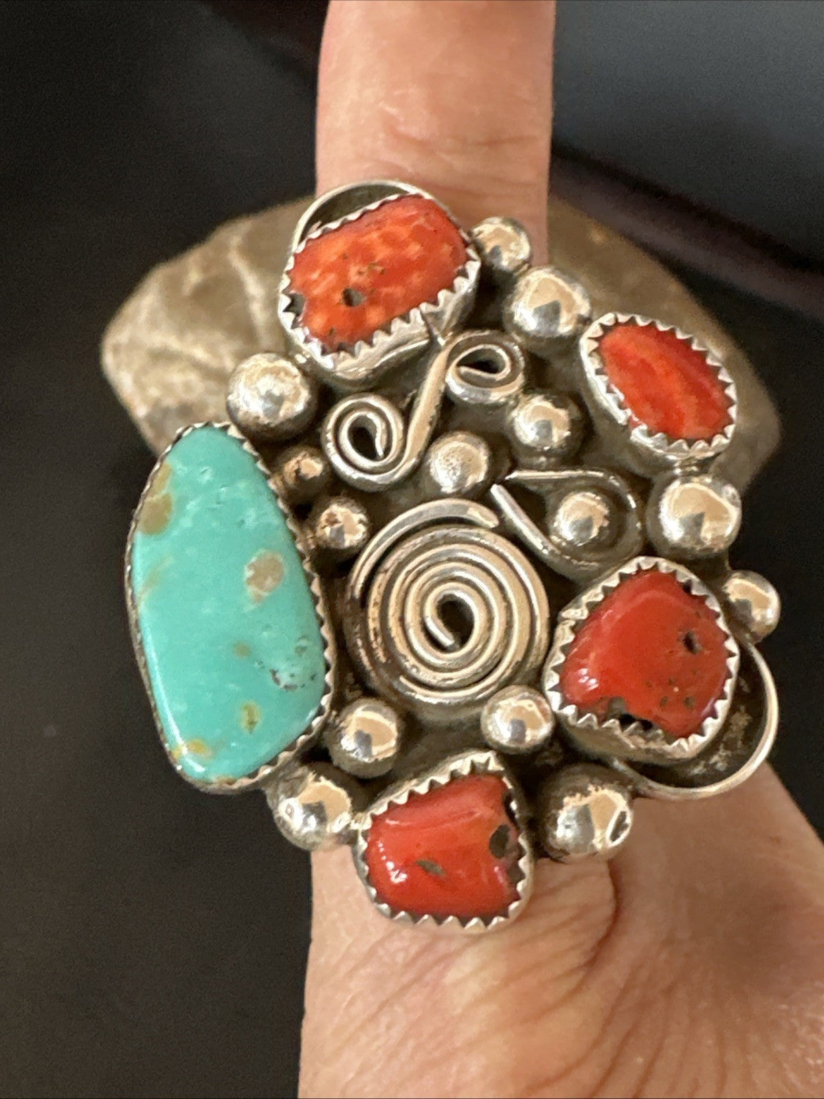Navajo Blue Turquoise Coral Ring Multi-Stone Cluster Sz 9.5 19778