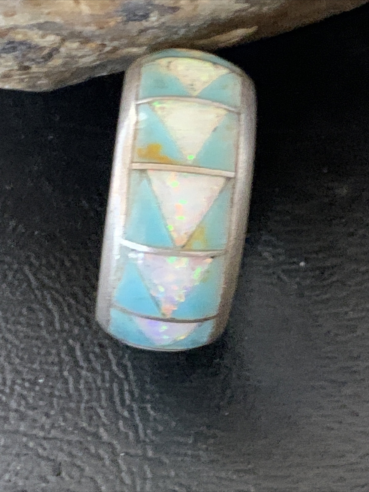 Mens Blue Turquoise Opal Navajo Sterling Silver Inlay Ring Size 11 19606