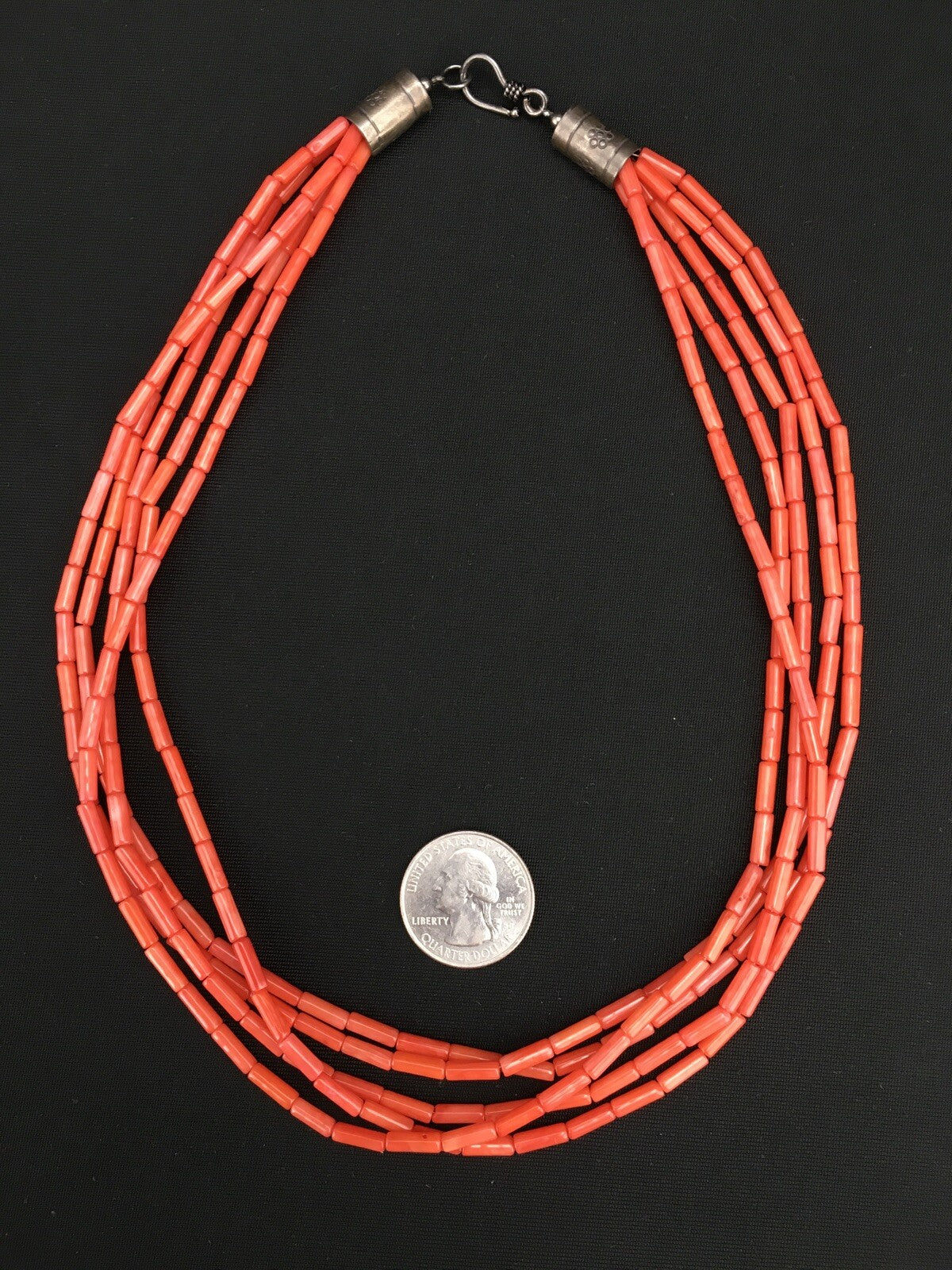 Orange Coral Tube Heishi Bead 5 Strand Navajo Sterling Silver Necklace 19" 1108